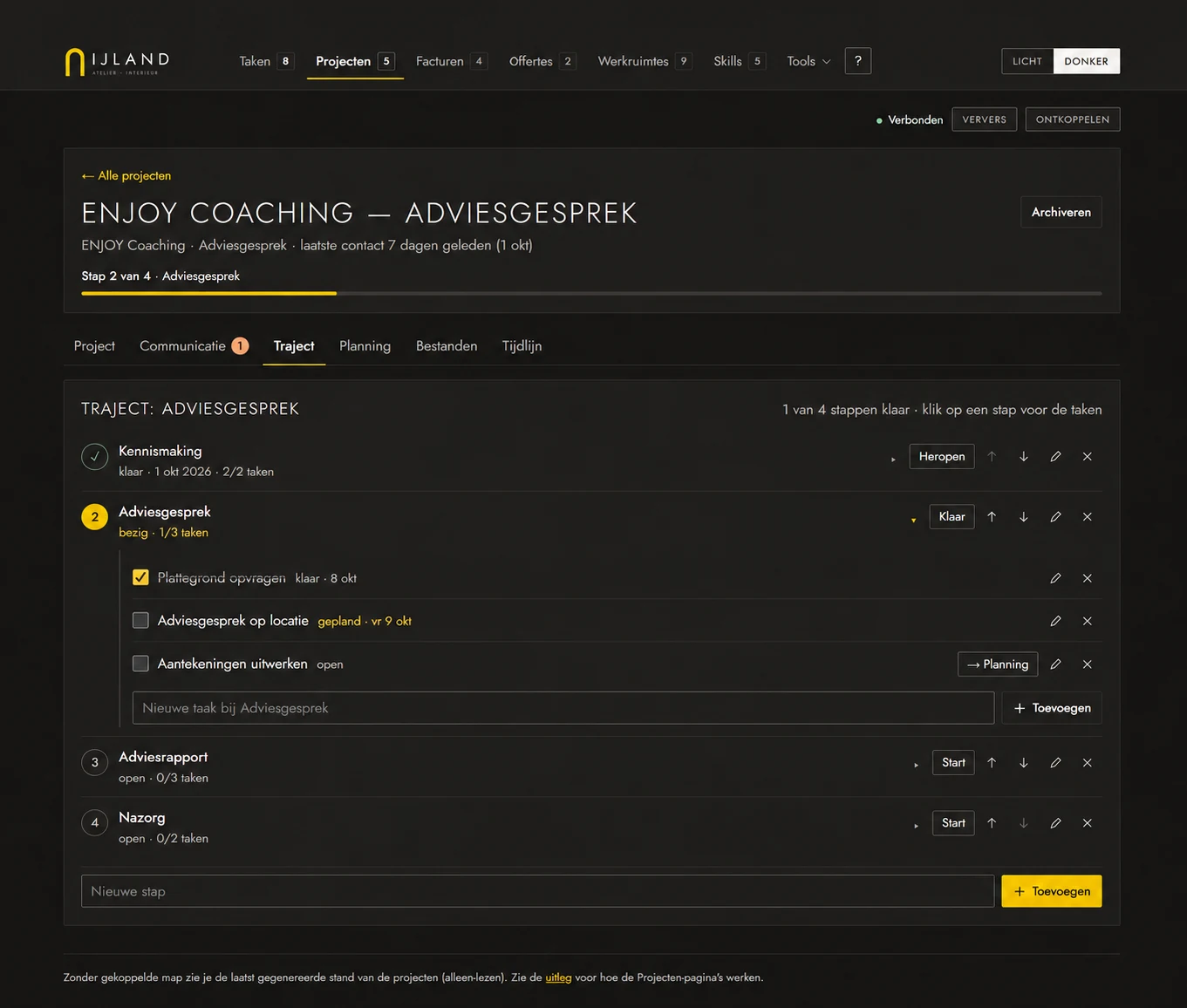 Voorbeeld van een dashboard voor IJLAND Atelier Interieur: het project ENJOY Coaching met trajectstappen en taken.