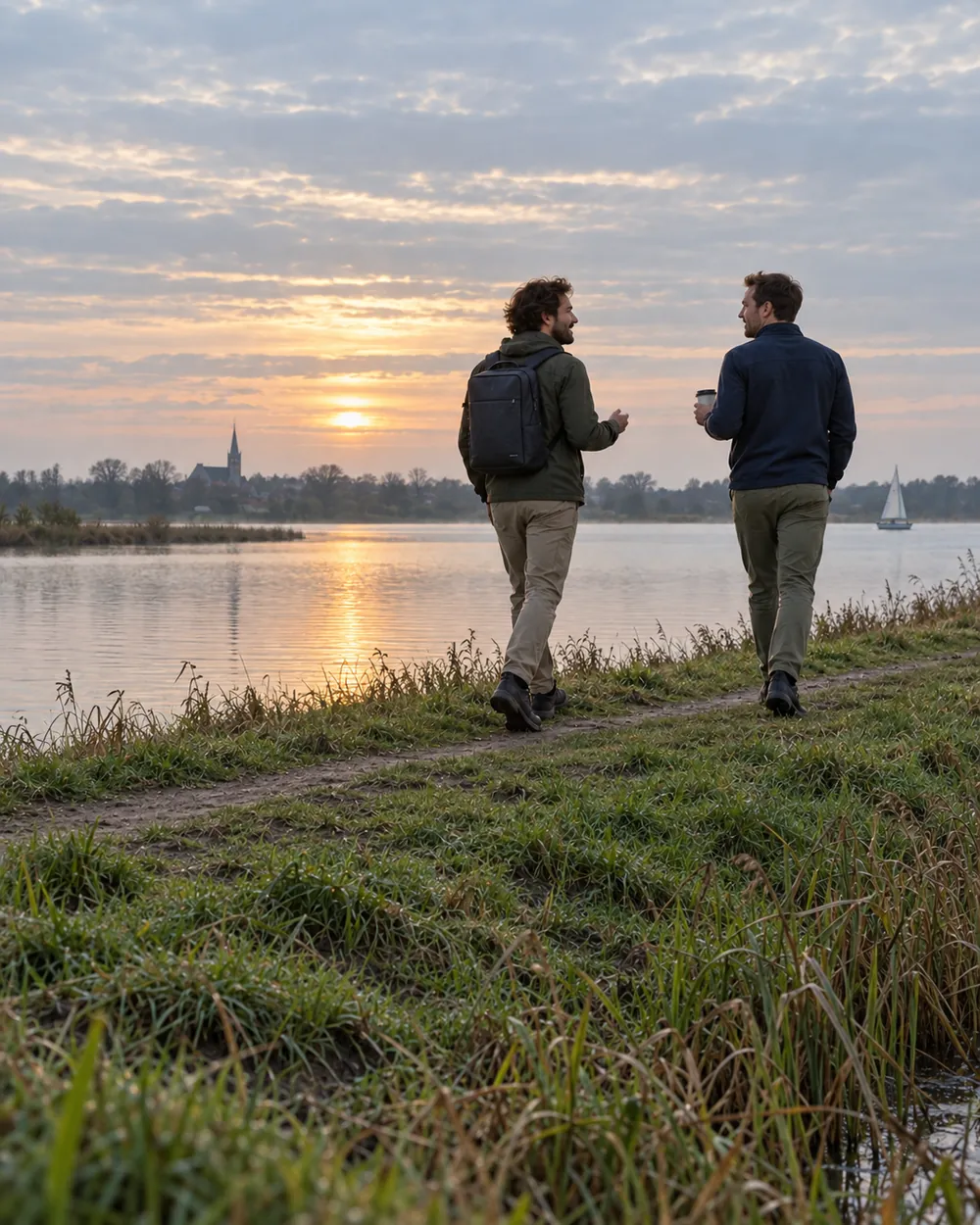 Met AI gemaakt beeld van twee mannen die bij zonsopkomst in gesprek over een dijk langs het water lopen