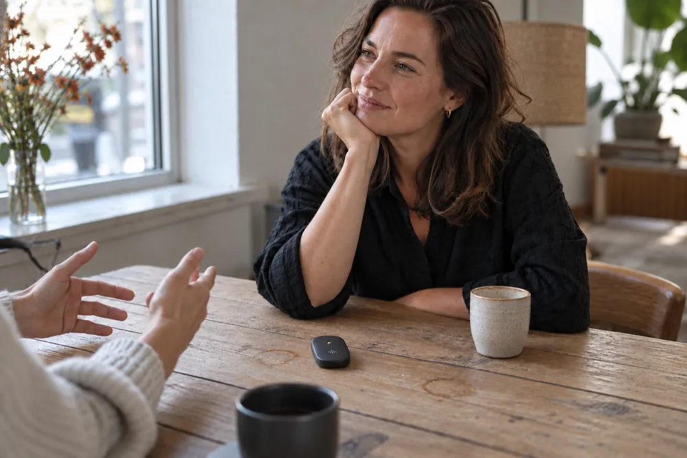 Met AI gemaakt voorbeeld van een coach in gesprek met een AI-geluidsrecorder op tafel